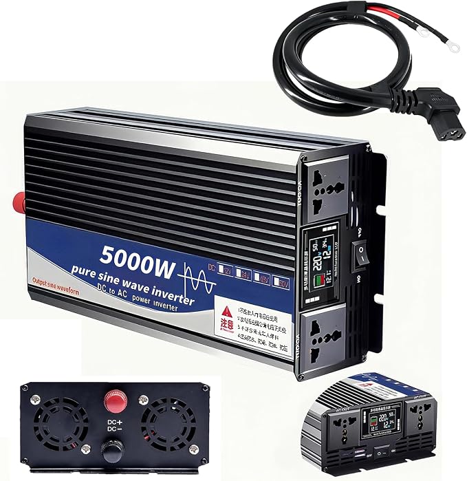 5000W Power Inverter 60V DC to 110V AC Converter with LED Display Dual AC Outlets Dual Fans Radiating for RV, Camp, Boat and Home Emergency Portable Pure Sine Wave Inverter (Smart Screen, 5000W 60V)