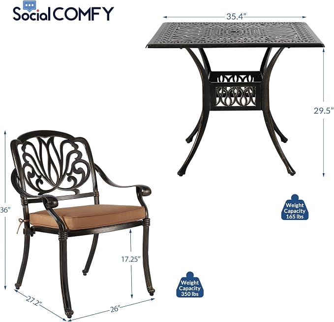 5-Piece Outdoor Patio Dining Set, All-Weather Cast Aluminum Patio Table Set, Include 4 Cushioned Chairs and a 35.4 inch Square Table w/Umbrella Hole for Balcony Garden Backyard, Khaki