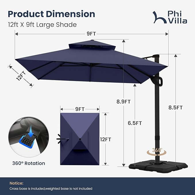 PHI VILLA 9' x 12' Rectangular Cantilever Patio Umbrella with Hydraulic Lift & 360° Rotation – Heavy Duty Windproof Offset Umbrella for Pool, Deck or Garden, Navy Blue