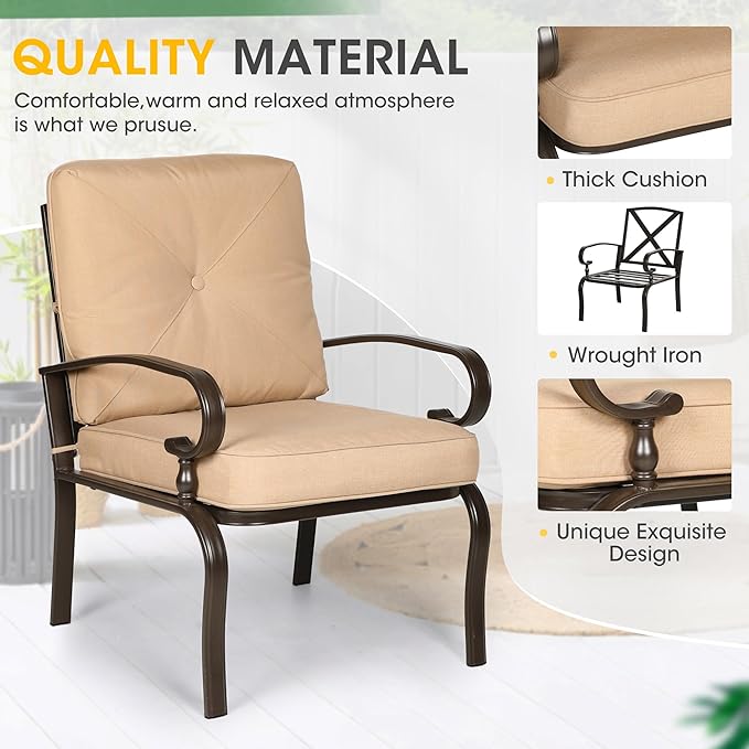 Incbruce 5 Pcs(6 Seats) Outdoor Metal Furniture Sets Wrought Iron Patio Conversation Sets, (Glider, 2 Single Chairs, Loveseat, and Coffee Table) with Cushion (Brown)
