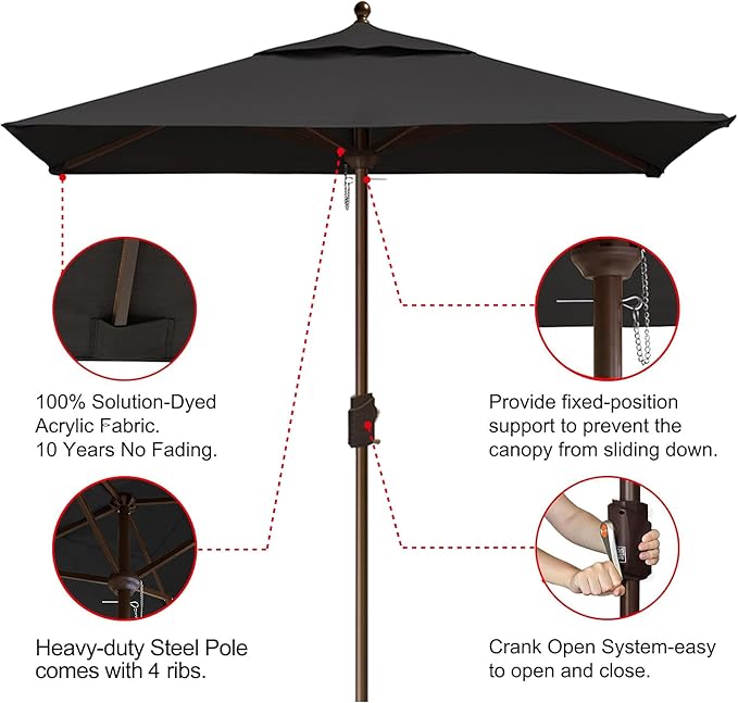 EliteShade USA 10-Year-Non-Fading 6x6Ft Square Market Patio Umbrella, UPF 50+ UV Protection Performance Sun Umbrella, Heavy Duty Commercial Grade Outdoor Table Umbrella with Crank, Windproof Vented Top for Garden, Pool, Deck and Outdoor Playsets, Black
