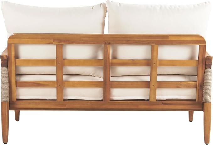 Merax 2-Piece Acacia Wood Patio Loveseat Set with Coffee Table | Teak-Finish Acacia Frame, Beige Woven Rope, 6-Inch Cushions And Arc Coffee Table For Porch, Garden, Backyard Or Balcony