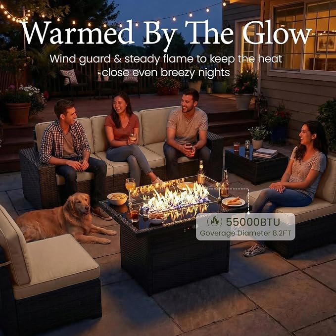 LayinSun 13 Pieces Outdoor Patio Furniture Set with 44" Fire Pit Table Brown Rattan Sectional Sofa Conversation Sets