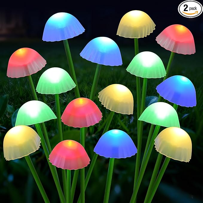 TANSOREN 2 Pack Solar Garden Lights Outdoor, Colorful LED Waterproof Solar Powered Mushroom Flowers Landscape Lights for Outside Yard, Patio, Pathway Decorative, Décor, Gifts, Two Lighting Modes