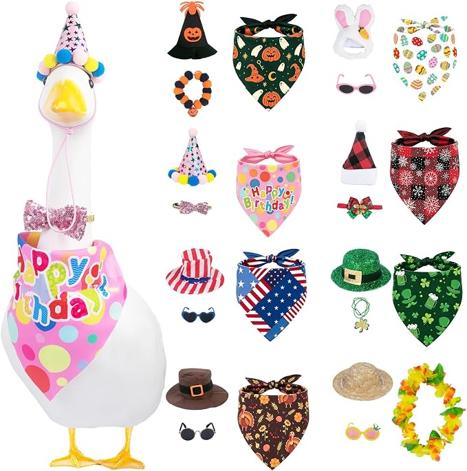 8 Set Holiday Porch Goose Outfits for 17/23" Plastic Lawn Goose - 4th of July Valentines St. Patricks Easter Summer Fall Halloween Christmas Clothes - Patio Yard Garden Decor with Hat Glasses and Bib