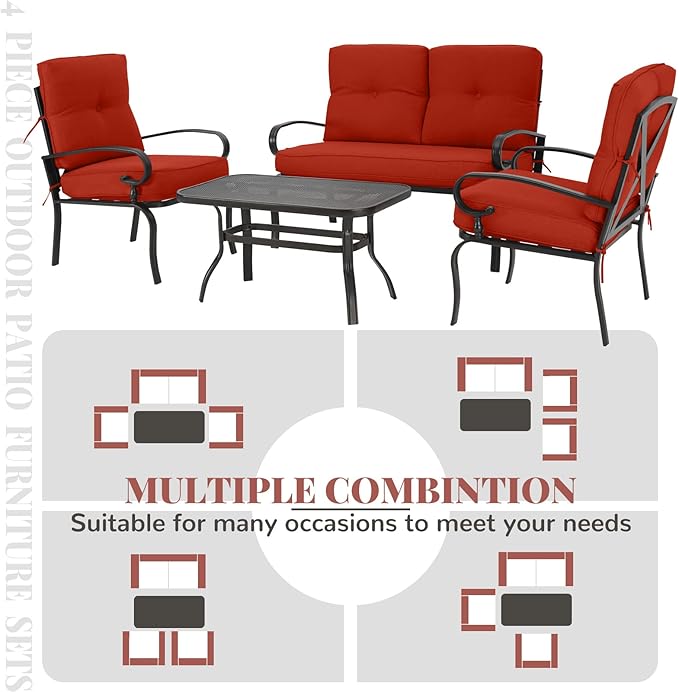 Incbruce 4Pcs Outdoor Metal Furniture Sets Wrought Iron Patio Furniture Conversation Set (Loveseat, Coffee Table, 2 Chairs) - Steel Frame Patio Seating Set with Red Cushions