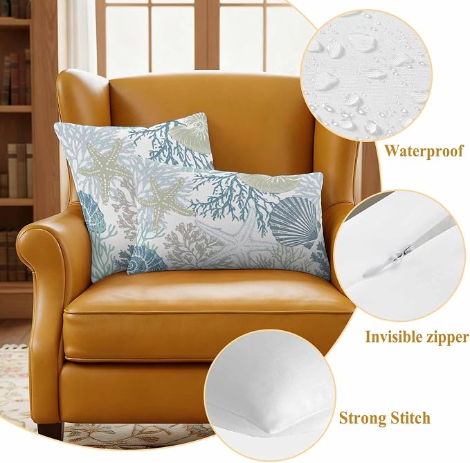 Blue Coral Coastal Waterproof Outdoor Pillow Covers 18''x18'' Set of 2, Starfish Conch Patio Furniture Summer Cushion Covers for Chairs, Decorative Beach Ocean Pillow Cases for Garden/Pool/Beach