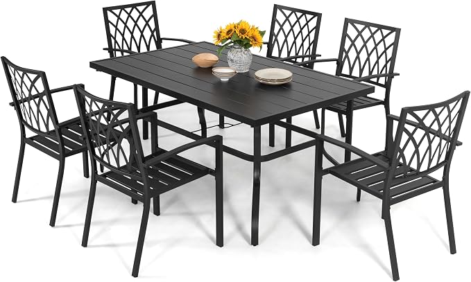 NUU GARDEN 7 Piece Outdoor Dining Set, 61” Rectangular Metal Dining Table with Umbrella Hole, Stackable Dining Chairs for Backyard, Deck, Yard, Garden, Black