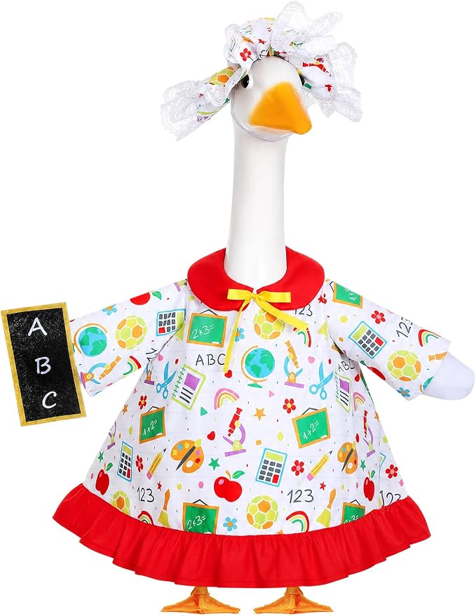 FuWeave Back to School Porch Goose Outfit Set for Plastic Statue Lawn Porch Goose Clothes with Schoolbag for Patio Decor