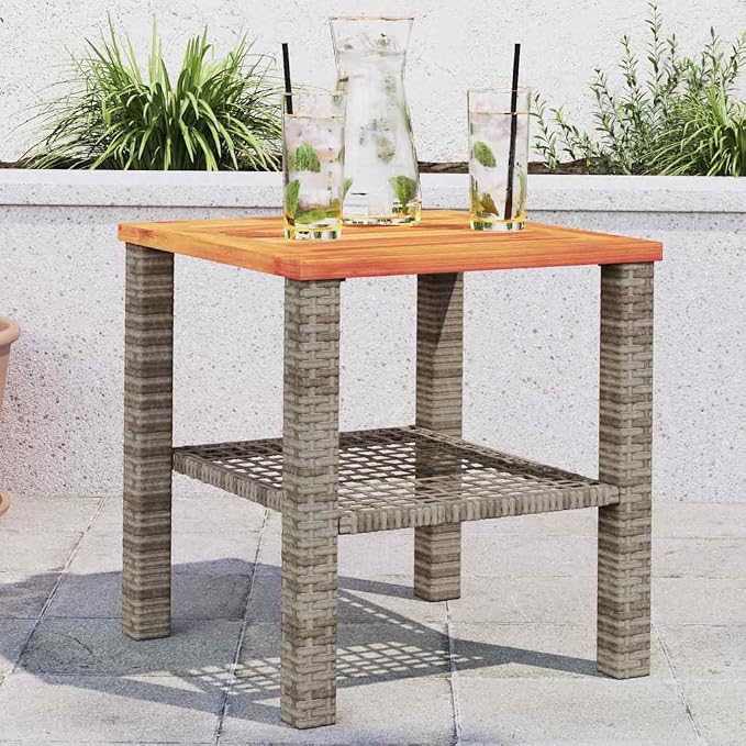 Small Garden Table with Acacia Wood Top, 15.7x15.7x16.5 Inch Patio Table Gray, PE Rattan Outdoor Side for Backyard