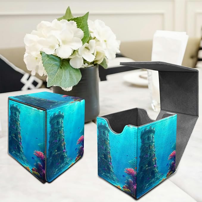 Underwater Castle Card Deck Box for MTG, Personalized Card Storage Case Fits 120+ Sleeved Cards, Premium Leather TCG Box with Strong Magnetic Closure for Magic, CCG, PTCG, Baseball Cards