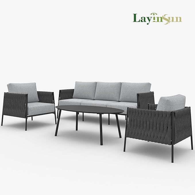 LayinSun 4 Piece Outdoor Furniture Set with Coffee Table, Modern Rope Woven Patio Conversation Sofa Set with Olefin Braid and Deep Seating