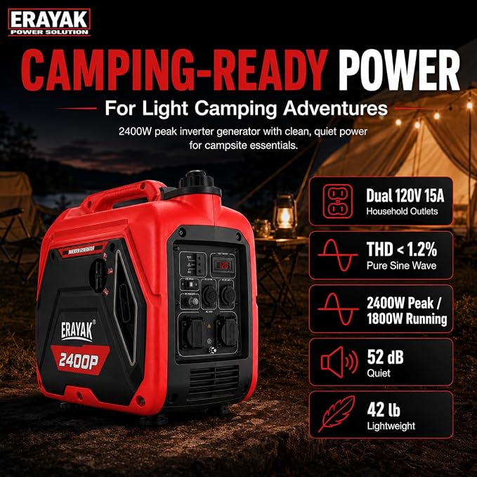 ERAYAK 2400W Portable Inverter Generator for Home Use, Super Quiet Small Generator for Camping Outdoor Emergency Power Backup, Gas Powered Engine, EPA, ECO Mode