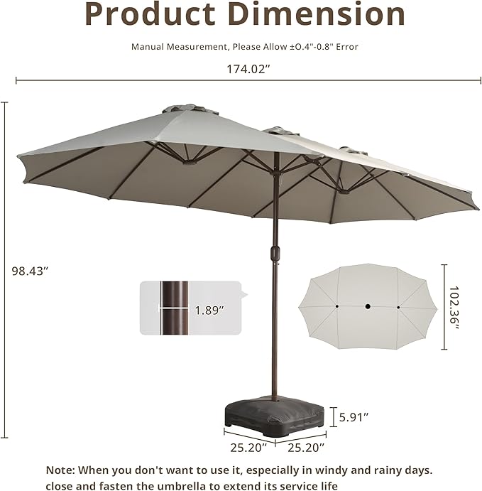 15Ft Patio Umbrella - Large Beach Umbrella W 12 Sturdy Ribs,UPF50 Outdoor Table Umbrella,Picnic Market Umbrella W Base Crank Handle for Pool,Yard,Garden