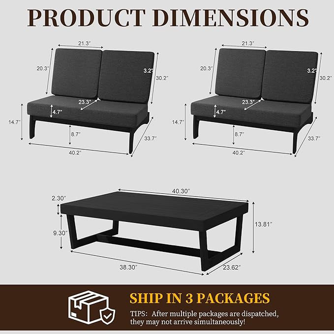 UIXE All Weather Patio Furniture Sets, 3 Pieces Black Wood Patio Loveseat Sofa Outdoor Sectional Futniture Backyard Conversation Set with Solid Wooden Coffee Table - Dark Gray