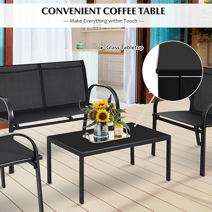 DORTALA 4 Piece Outdoor Furniture Set, Patio Conversation Set with Loveseat, 2 Single Chairs, Patio Sofa Garden Sofa Set with Steel Frame, Ideal for Balcony,Poolside, Black