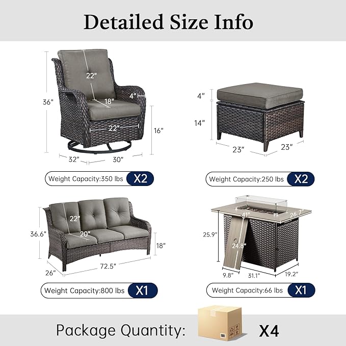 Patio Furniture Set with 41" Fire Pit Table - High Back Patio Conversation Set with 4 Inch Thick Cushions and Deep Seating Swivel Glider Chairs & Outdoor Couch for Porch Deck Yard Pool Brown