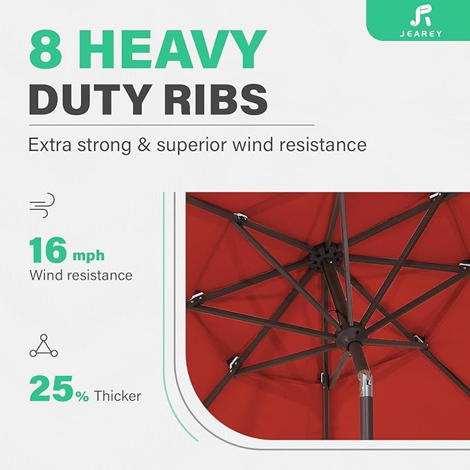 JEAREY 9FT 3 Tier Patio Umbrella Outdoor Market Umbrella Table Umbrellas with 8 Ribs 1.5 Pole Push Button Tilt and Crank UV Protection for Garden,Red