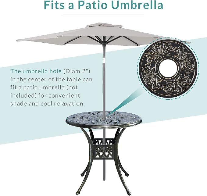 MEETWARM 31" Round Patio Bistro Table, Outdoor Cast Aluminum Small Dinning Table with 2" Umbrella Hole, Dark Bronze
