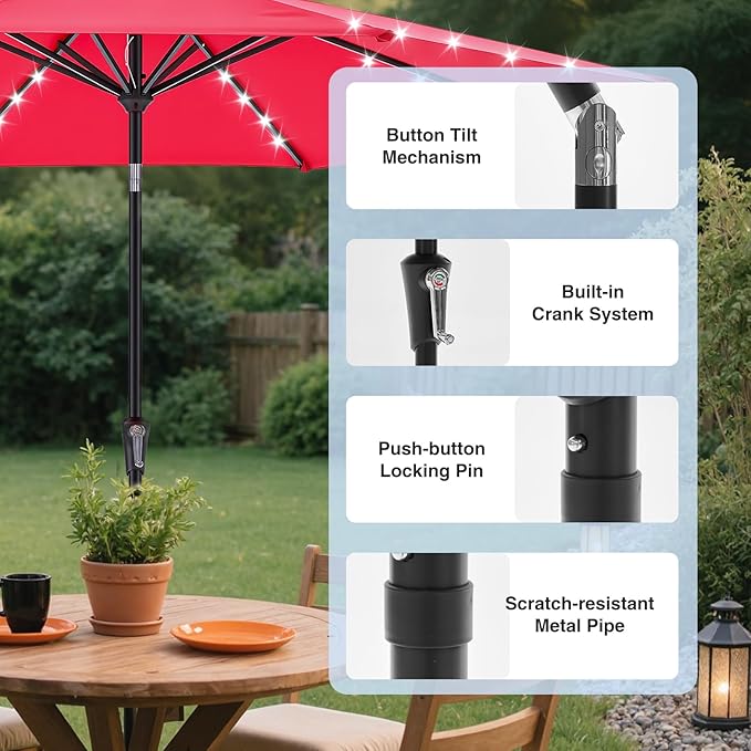 DUMOS LED Outdoor Patio Umbrella 10 FT UV-Resistant Market Umbrella with Tilt Adjustment & Crank Lift, All-Weather Shade for Backyard, Deck, Garden, Beach