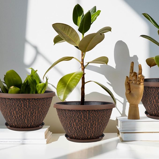 Nooulap 4 Pack 8 Inch Plant Pots Outdoor Indoor, Small Flower Pots with Drainage Hole & Tray, Thickened Plastic Outdoor Planters for Garden House Decor