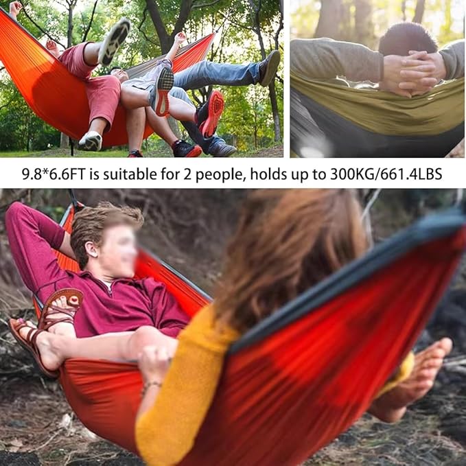 Comfortable and Lightweight Double Hammock, Outdoor Anti-Rollover Leisure Swing, with Storage Bag/Hook/Rope, Load Bearing 300kg/661.4lbs(Red)