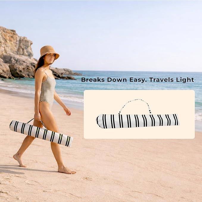 6FT Stripe Fringe Beach Umbrella for Sand with Sand Anchor, UPF 50+ Sun Shade with Tassels, Adjustable Tilt Pole, Portable Coastal Umbrella for Beach & Pool, Heritage Black Stripe