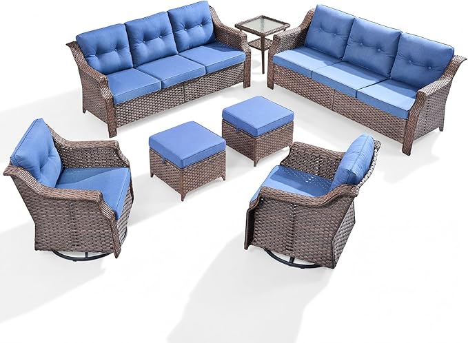 Outdoor Swivel Rocking Chair Set (7-Piece), Rocking Chair with Sofa and Coffee Table Set, Crafted from PE Rattan with an Elegant Side Table, Ideal for Gardens and Patios, Brown/Blue