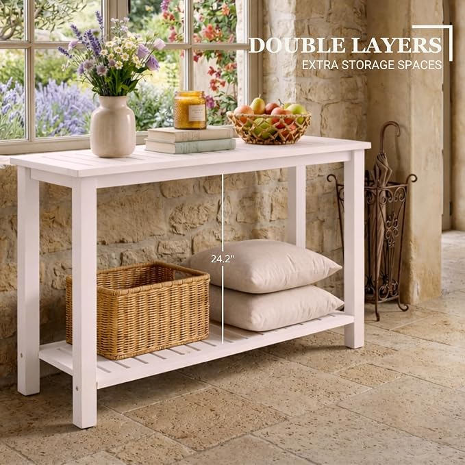 Premium 2-Tier Wooden Console Table with Storage Shelf Solid Eucalyptus Wood 48.03"x 16.14"x 31.1" Entryway Sofa Table for Hallway, Living Room (Whitewash)