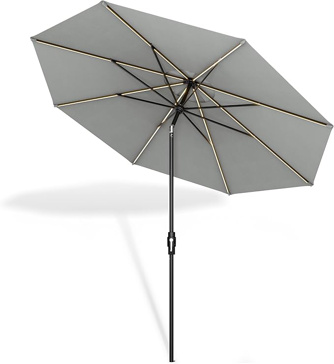 Midtown Umbrellas The LED Swilt 10 Feet Patio Umbrella With Terylast Matter (Grey) Polyester Fabric - Auto-Tilt Aluminum Frame With LED Lights For Backyard, Deck, Garden, Pool - Black Pole