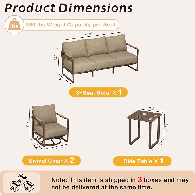 5-Seat Outdoor Aluminum Patio Set with Coffee Tables & 2 Swivel Rocking Chairs, All-Weather Conversation Sofa for Balcony, Garden (Brown)