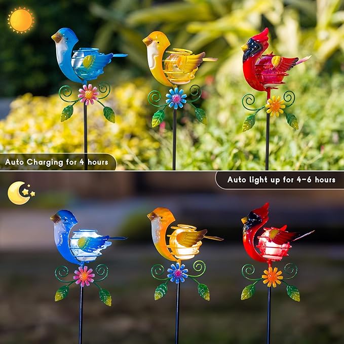 Birds Solar Garden Lights, 26" H Whimsical Decorative Solar Stake Light, 3 Pcs Outdoor Cardinal Statues Figurine Lights for Garden Lawn Patio Yard Decoration