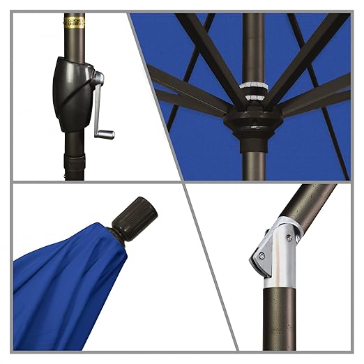 California Umbrella 9' Round Aluminum Patio Umbrella, Crank Lift, Push Button Tilt, Bronze Pole, 4-Year Non-Fading Fabric, Pacifica Blue