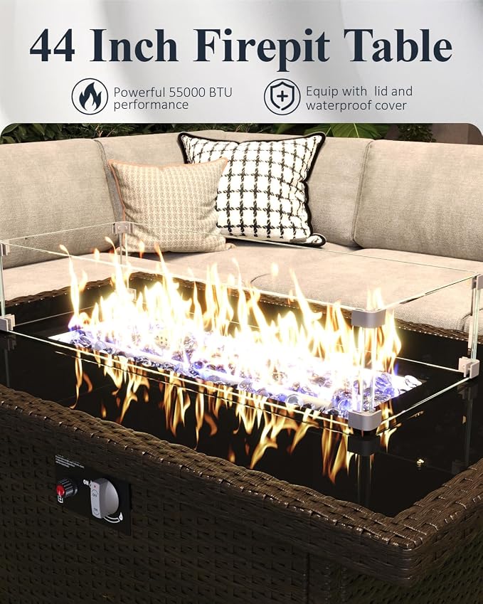 LayinSun 8-Piece Outdoor Modular Wicker Sectional Sofa with Fire Pit Table, Patio Furniture Conversation Set with Deep Seating and Thick Cushions
