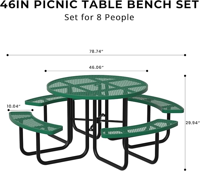 All-Weather Round Outdoor Picnic Table, Commercial Picnic Table Bench Set with Umbrella Hole, Thermoplastic Coated Metal Dining Tables for School, Stores, Park, Patio, Yard, Green