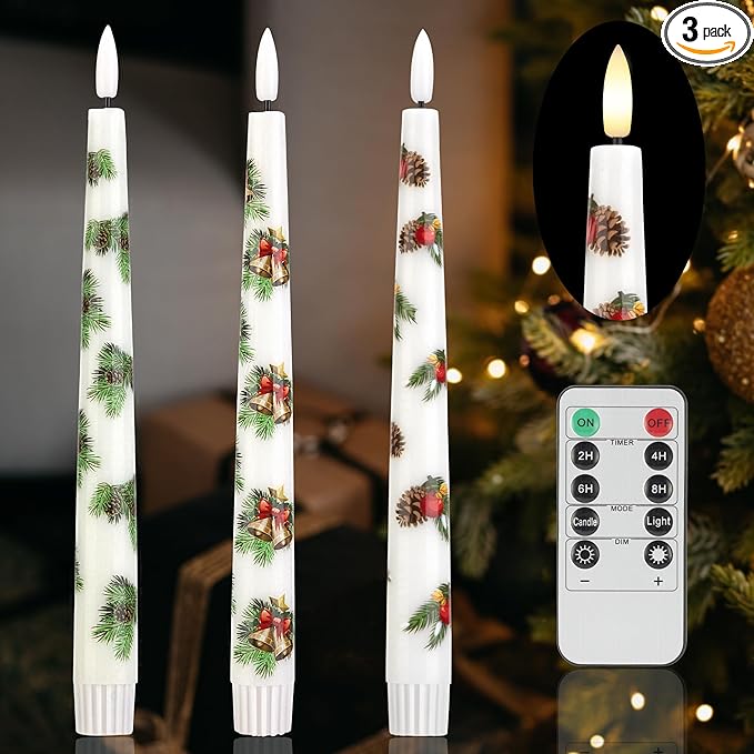 Christmas Flameless Taper Candles with Pine Leaves, Pine Cones, Bells, 9.6" Real Wax LED Candles with Remote, 3 Pcs Flickering Battery Operated Candlesticks, Xmas Candle for Home, Party Decor
