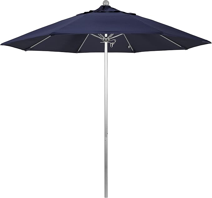 California Umbrella 9' Round Aluminum/Fiberglass Umbrella, Push Open, Silver Pole, Sunbrella Navy Fabric