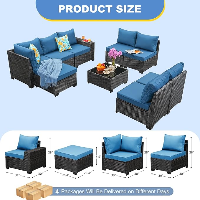 9 Pieces Outdoor Patio Furniture Set, Wicker Conversation Sets with Tea Table, Rattan Patio Sofa with Thick Cushions for Garden, Backyard Porch, Poolside,Peacock