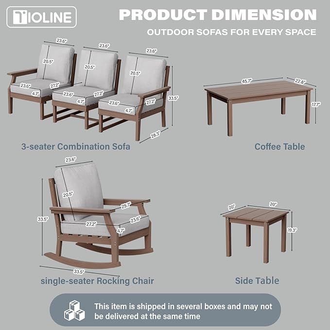 HDPE Patio Conversation Set, 7-Piece All Weather Outdoor Furniture Set with 2 Single Rocking Armchairs for Deck, Lawn, with Cushion, Brown