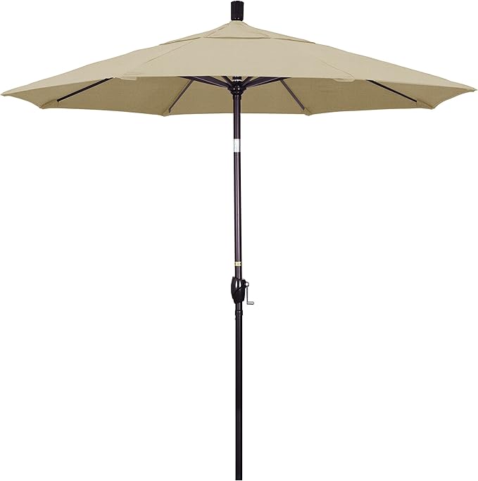 California Umbrella 7.5' Round Aluminum Market Umbrella, Crank Lift, Push Button Tilt, Bronze Pole, Sunbrella Linen Sesame