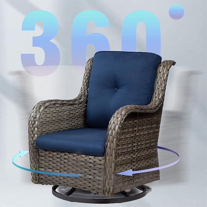 Wicker Patio Furniture Set 6 Piece Set with 1 Three-Seat Sofa, 2 Swivel Rocker Chairs, 2 Ottomans and 1 Side Table, Outdoor Furniture Patio Conversation Sets(Mixed Grey/Blue)
