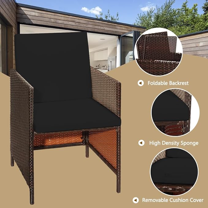 RELAX4LIFE 9-Piece Outdoor Dining Set - Wicker Rattan Patio Furniture w/Acacia Wood Tabletop, Soft Seat & Back Cushions, Dining Table & Chair Set for Backyard, Poolside (Black)