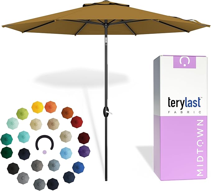 Midtown Umbrellas 10-Year-No-Fade - 8 Ft - UV Proof Sand (Tan) Polyester Fabric - Umbrella Outdoor Patio, Auto-Tilt Aluminum Frame Patio Umbrella for Garden, Pool & Deck - Black Pole