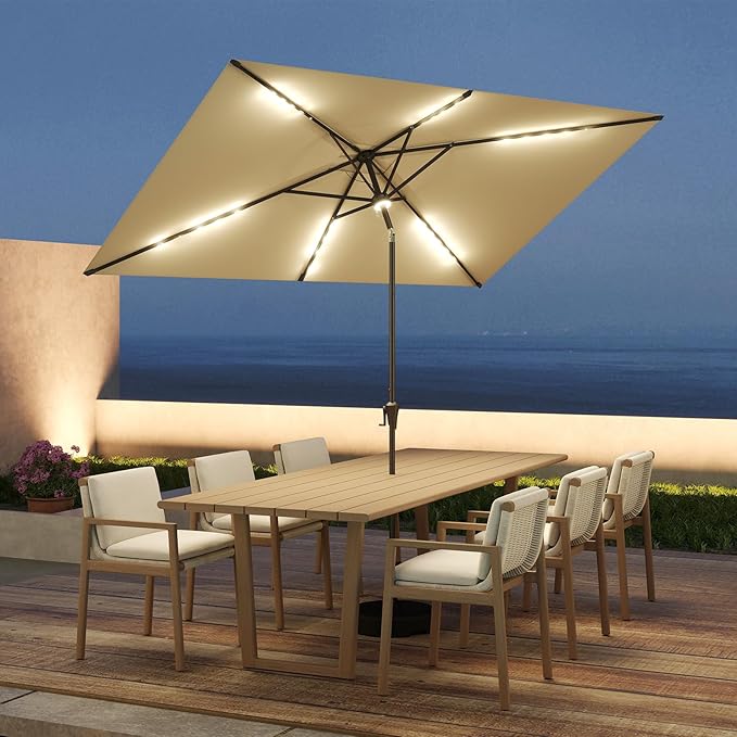 C-Hopetree Rectangular Outdoor Patio Market Umbrella with Solar LED Lights 6.5 x 10 ft