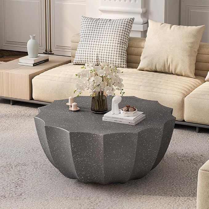 35.43" Faux Stone Coffee Table Round for Indoor or Outdoor Concrete Coffee Tables MgO Cement Center Tables for Living Room Patio Garden Backyard Balcony, Waterproof, Dark Grey Bowl