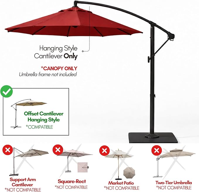 Formosa Covers Replacement Umbrella Canopy for 10ft 8 Rib Hanging Offset Cantilever Market Outdoor Patio Shades in Red Ribs Length 58" to 60" (Canopy Only)