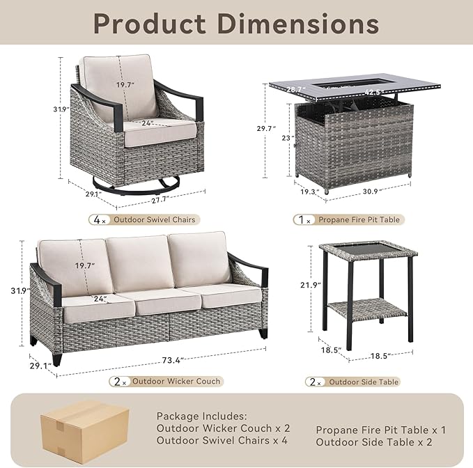 Patio Furniture Set with 42.5" Fire Pit Table-9 Pieces All Weather Wicker Outdoor Furniture with High Back Swivel Patio Chairs Set of 4 Outdoor Patio Conversation for Deck Garden Beige/Gray