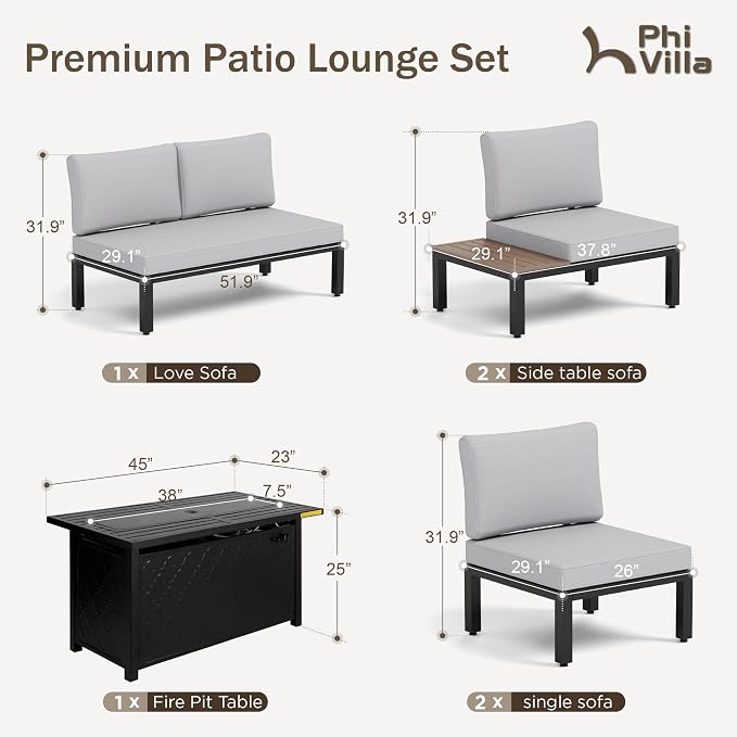 PHI VILLA Metal Patio Furniture Set with Fire Pit Table 6 Piece Modular Modern Outdoor Sectional Sofa Garden Bench Set with Wrought Iron, Light Grey Cushion