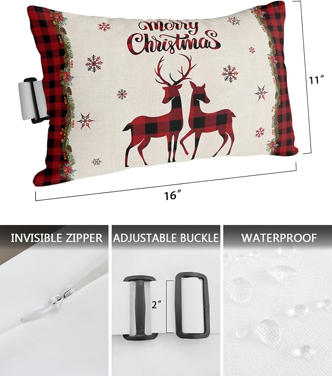 Outdoor Pillows Covers with Inserts Christmas Red and Black Buffalo Plaid Elk Waterproof Recliner Pillow with Adjustable Strap Throw Pillows for Patio Furniture Pool Lounge Chair, 11x16 inch, 1PCS