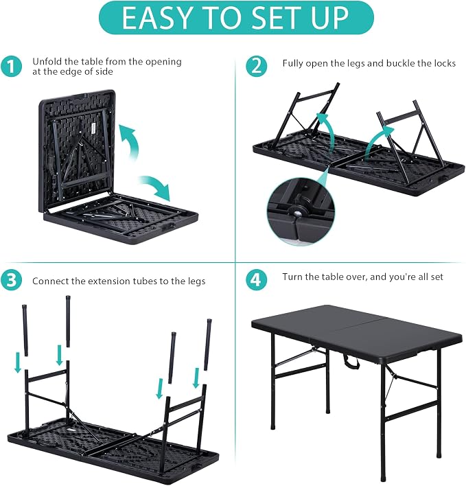 JupiterForce 4ft Folding Table, Indoor Outdoor Portable Plastic Picnic Table, Heavy Duty Rectangular Party Camping Dining Table with Carrying Handle, Black